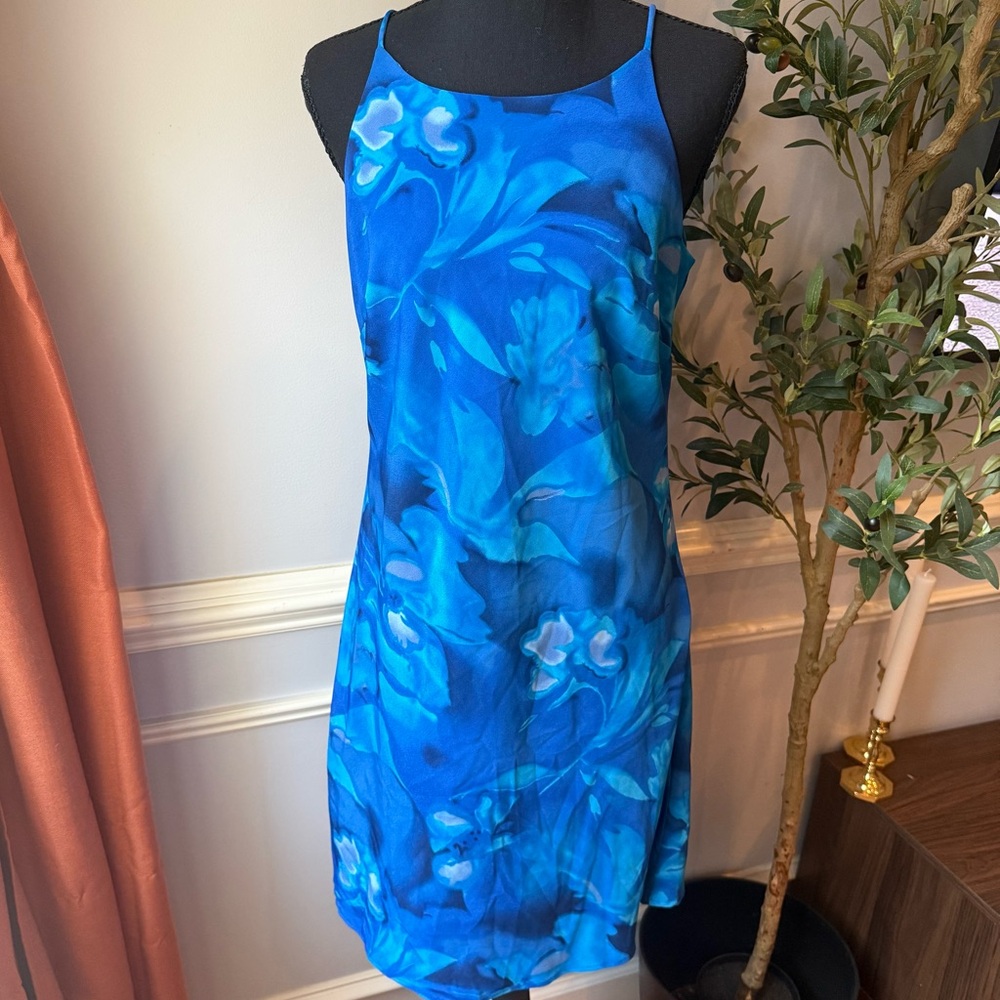 Expressions Blue‎ Floral Slip Dress Size 9/10 Small Y2K Spaghetti Strap Midi